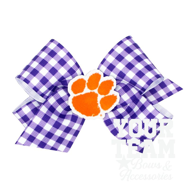 Medium Clemson Gingham Hair Bow with Logo Patch