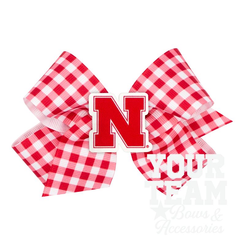 Medium Nebraska Gingham Hair Bow with Logo Patch