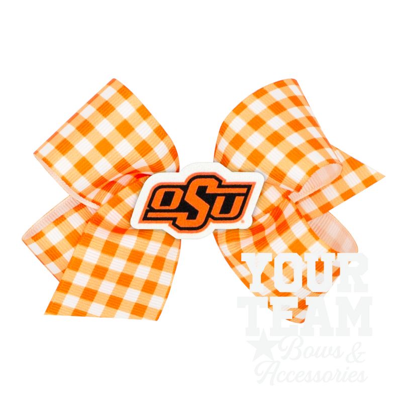 Medium Oklahoma State Gingham Hair Bow with Logo Patch