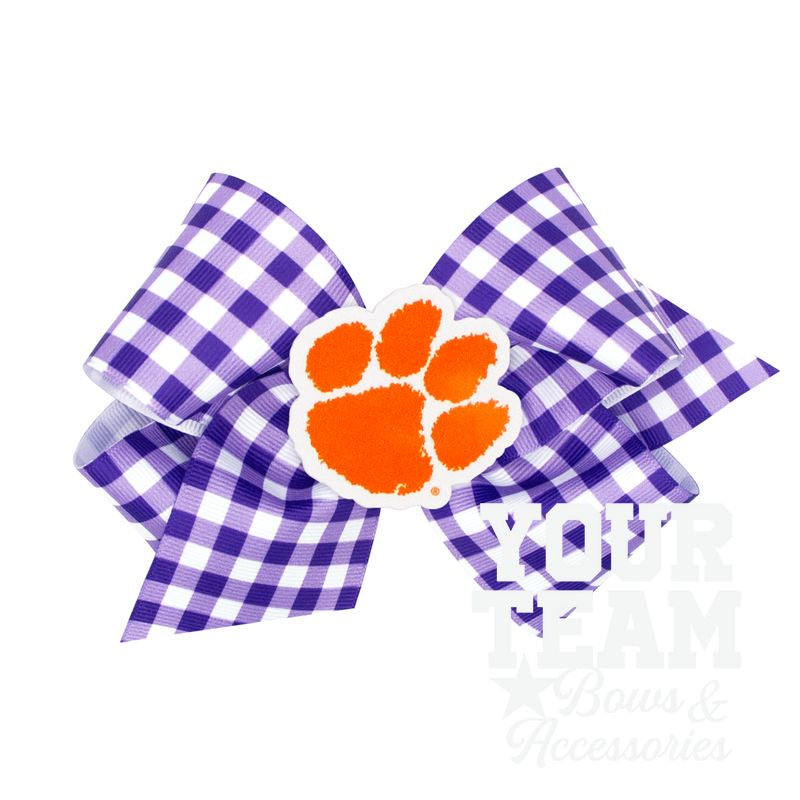 King Clemson Gingham Hair Bow with Logo Patch