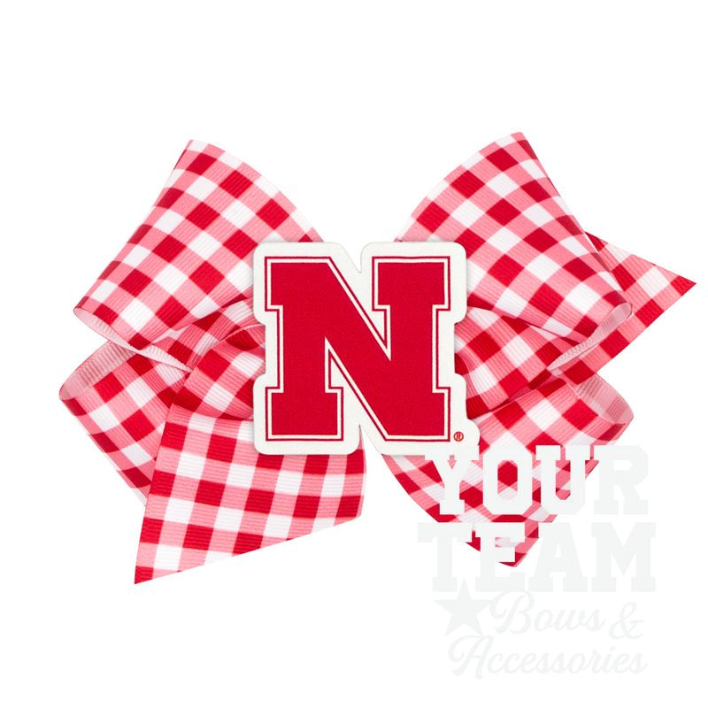 King Nebraska Gingham Hair Bow with Logo Patch