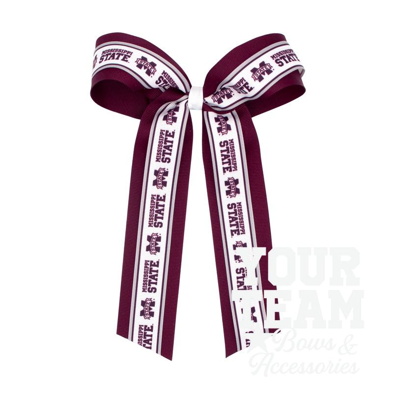 Large Mississippi State Logo Ribbon Underlay Hair Bow with Streamer Tails