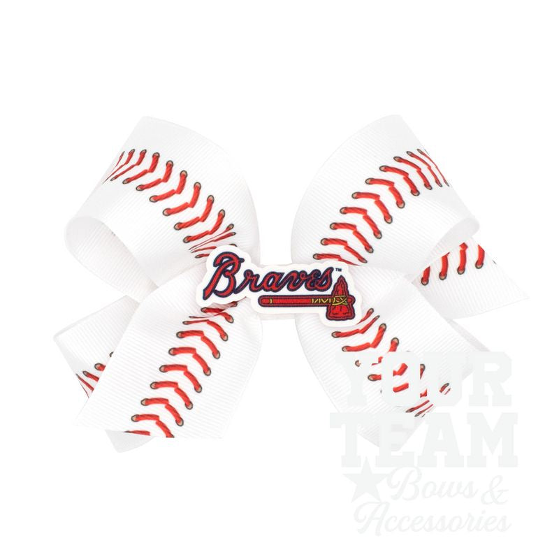 Medium Atlanta Braves Baseball Stitch Print Hair Bow with Badge