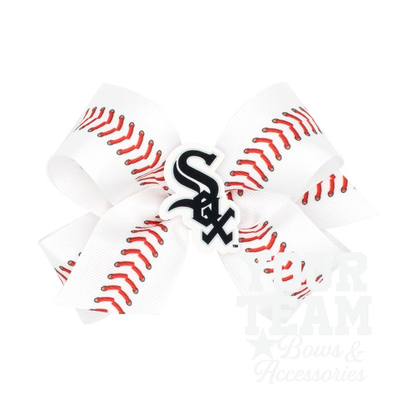 Medium Chicago White Sox Baseball Stitch Print Hair Bow with Badge