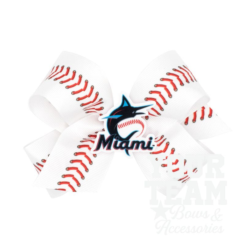 Medium Miami Marlins Baseball Stitch Print Hair Bow with Badge