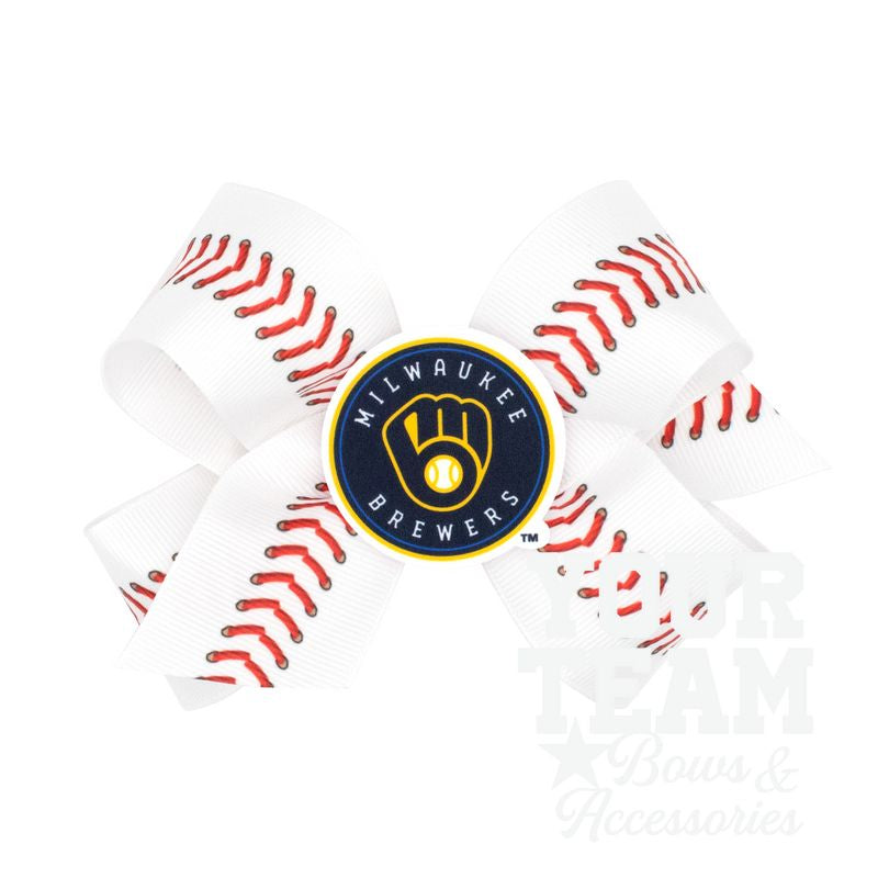 Medium Milwaukee Brewers Baseball Stitch Print Hair Bow with Badge