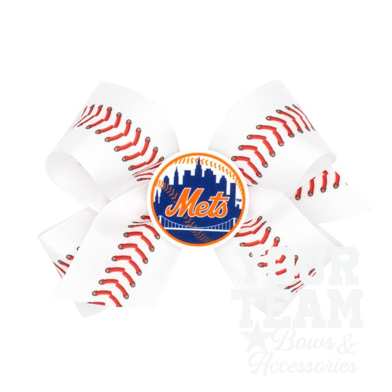 Medium New York Mets Baseball Stitch Print Hair Bow with Badge