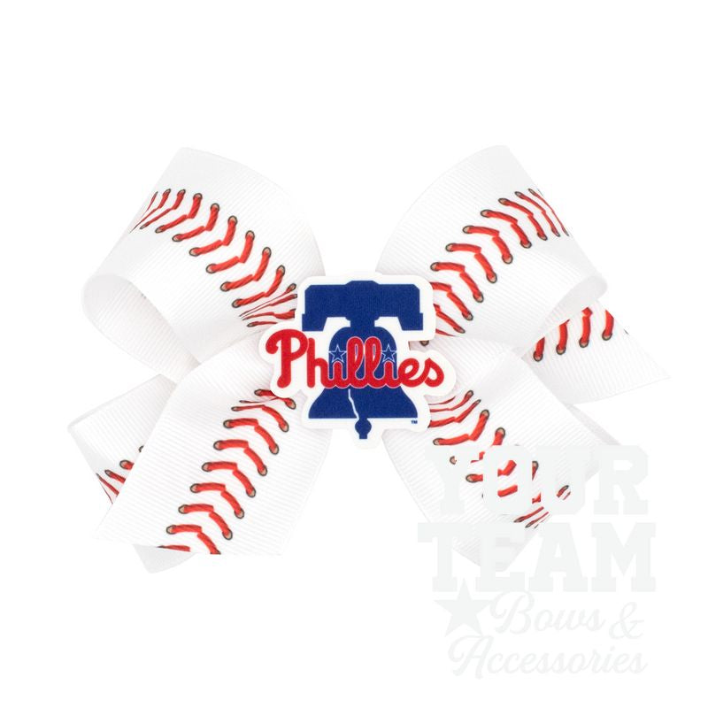 Medium Philadelphia Phillies Baseball Stitch Print Hair Bow with Badge